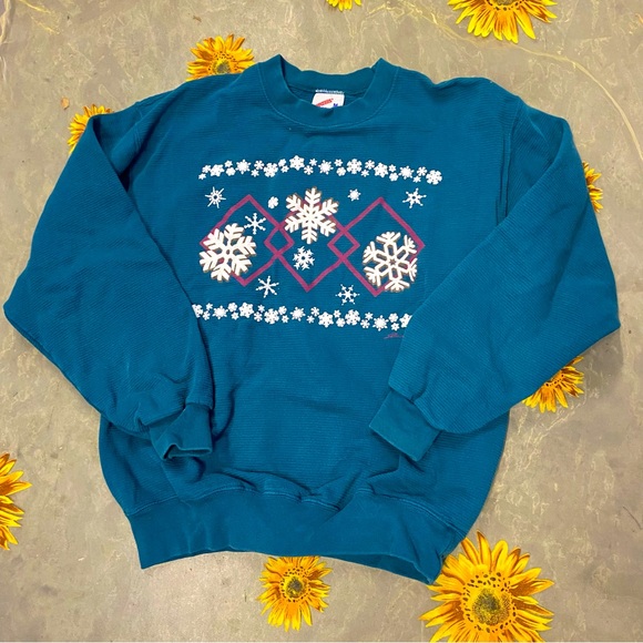 Vintage Holiday Sweatshirt M Winter Snowflake 90s - Picture 1 of 8